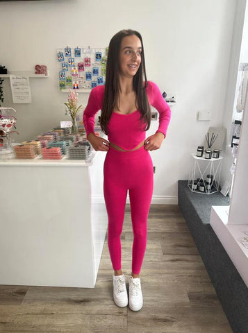 Sophie's Boutique hot pink gym set, long sleeve and ribbed