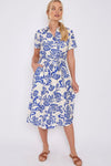 Blue Floral Print Short Sleeve Midi Shirt Dress