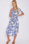 Blue Floral Print Short Sleeve Midi Shirt Dress