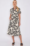 Black Floral Print Short Sleeve Midi Shirt Dress