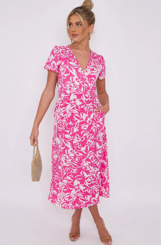 Floral Wrap Midi Dress Pink