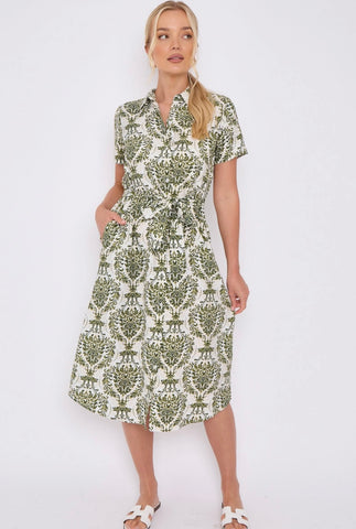 Green Broderie Print Short Sleeve Midi Shirt Dress