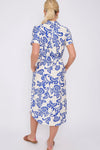 Blue Floral Print Short Sleeve Midi Shirt Dress