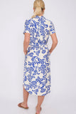 Blue Floral Print Short Sleeve Midi Shirt Dress