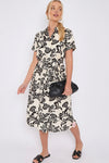 Black Floral Print Short Sleeve Midi Shirt Dress