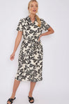 Black Floral Print Short Sleeve Midi Shirt Dress