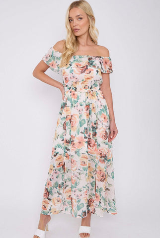 Cream Rose Floral Print Chiffon Bardot Maxi Dress