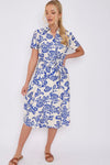 Blue Floral Print Short Sleeve Midi Shirt Dress