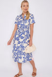 Blue Floral Print Short Sleeve Midi Shirt Dress