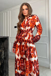 Brielle Long Sleeve Shirt Dress Orange Boarder Print