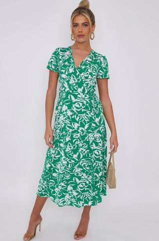 Floral Wrap Midi Dress Green